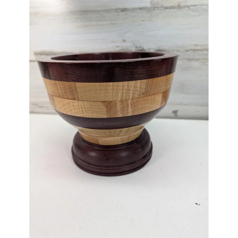 Handmade Segmented Wood Pedestal Bowl Maple Purpleheart 7.5